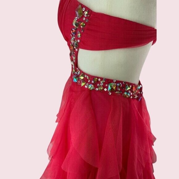 Masquerade coral color Strapless Ruffled Gown With Rhinestones Size 1/2 Prom Dre - Picture 10 of 15